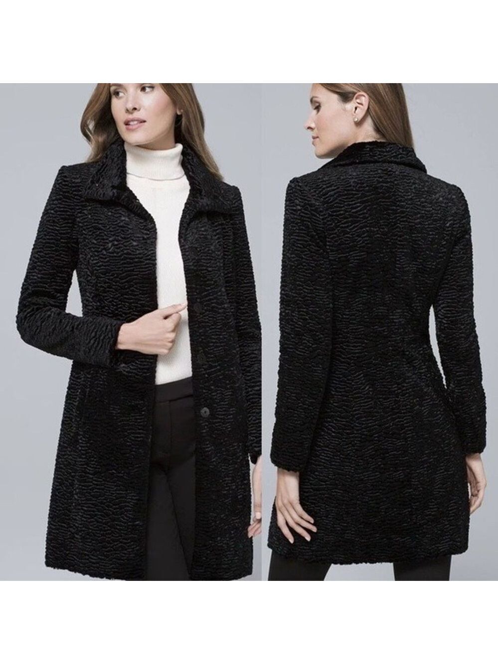 White House Black Market Black Faux Persian Fur Coat high collar button closure